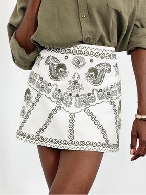Zara White Mini Skirt with Olive-Green Embroidery
